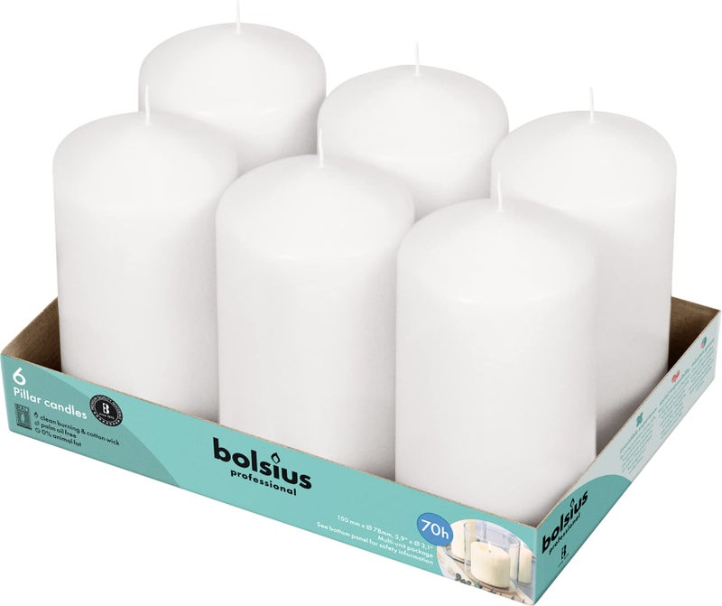 BOLSIUS 6 White Pillar Candles Bulk - 3x6 Inches Candle Set - 70+ Hours Clean Burning - No Palm Oil - 0% Animal Fat - Premium European Quality - Unscented Dripless Wedding Pillars - Image 1